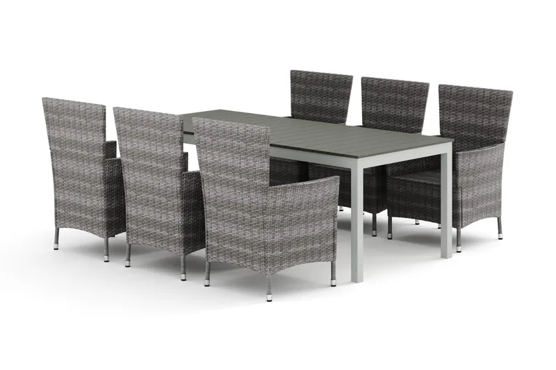Tunis utendørs spisegruppe, uttrekkbar 205/305x90 cm med 6 Thor hagelenestoler, Hvit/Grå