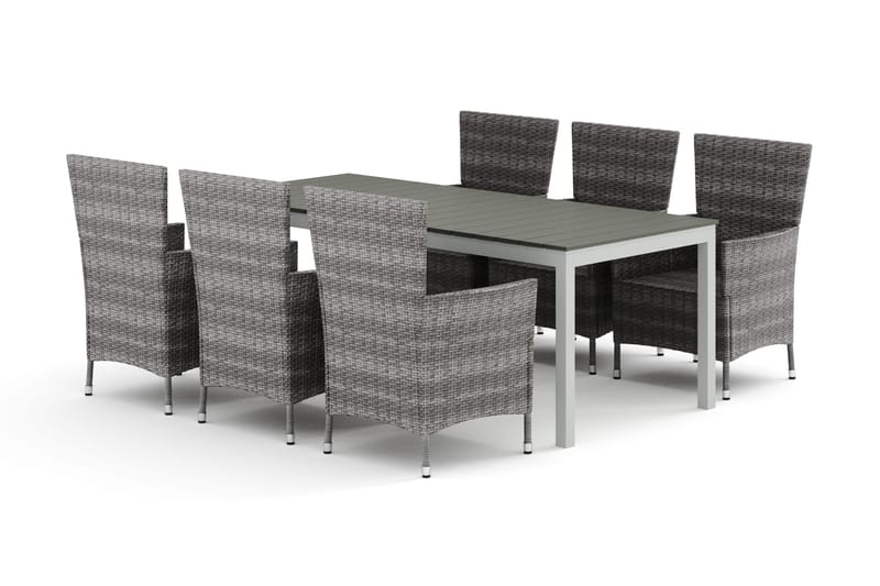 Tunis utendørs spisegruppe, uttrekkbar 205/305x90 cm med 6 Thor hagelenestoler, Hvit/Grå