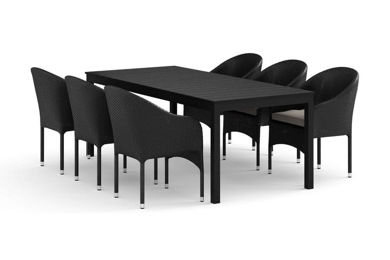 Tunis utendørs spisegruppe, uttrekkbar 205/305x90 cm med 6 Thor lenestoler - Svart/svart - Hagemøbler - Hagegruppe - Spisegrupper hage