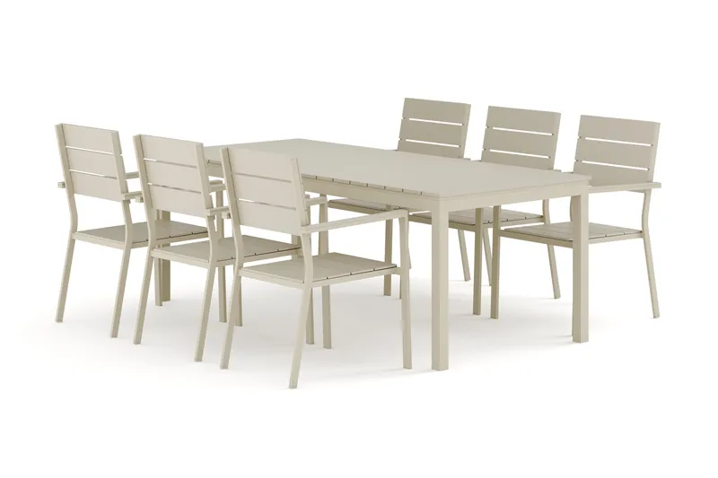 Tunis utendørs spisegruppe, uttrekkbar 205/305x90 cm med 6 Tunis stablestoler, Beige/Beige