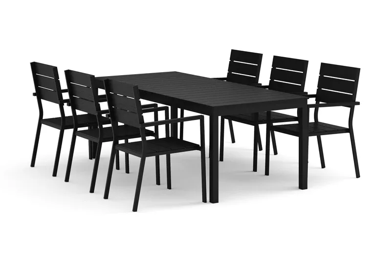 Tunis utendørs spisegruppe, uttrekkbar 205/305x90 cm med 6 Tunis stablestoler, Svart/Svart
