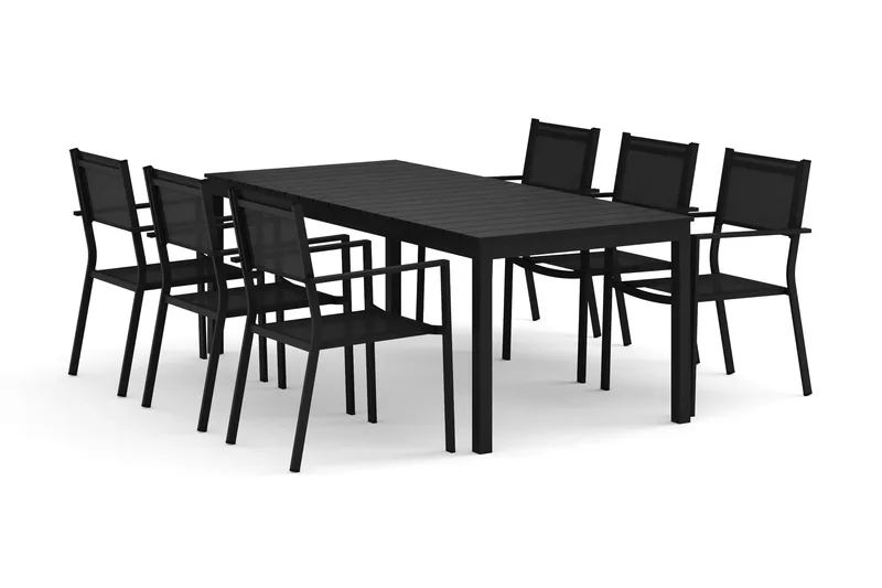 Tunis utendørs spisegruppe, uttrekkbar 205/305x90 cm med 6 Tunis stablestoler, Svart/svart