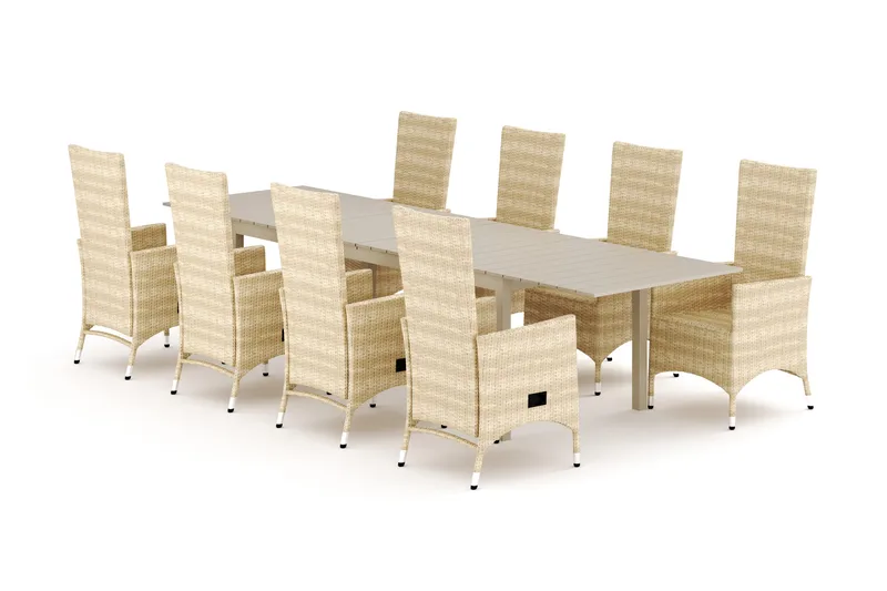 Tunis utendørs spisegruppe, uttrekkbar 205/305x90 cm med 8 Jenny spisestoler, Beige/Beige