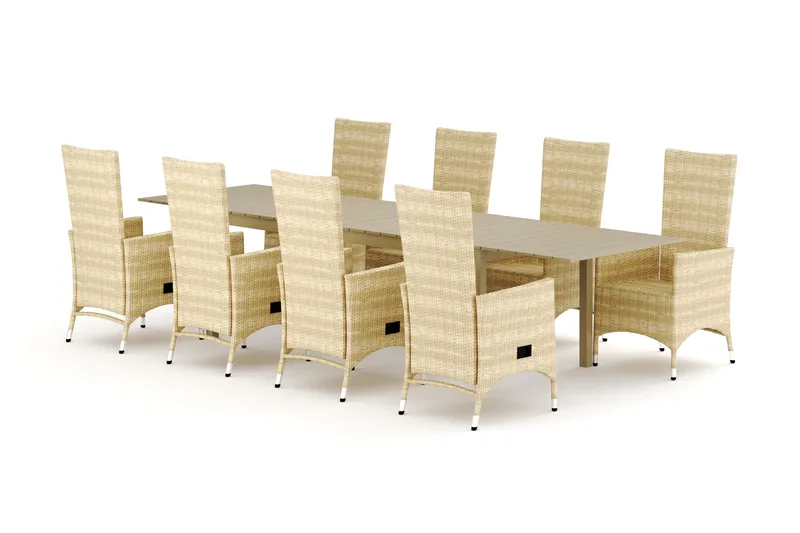 Tunis utendørs spisegruppe, uttrekkbar 205/305x90 cm med 8 Jenny spisestoler - Beige/Beige - Hagemøbler - Hagegruppe - Spisegrupper hage