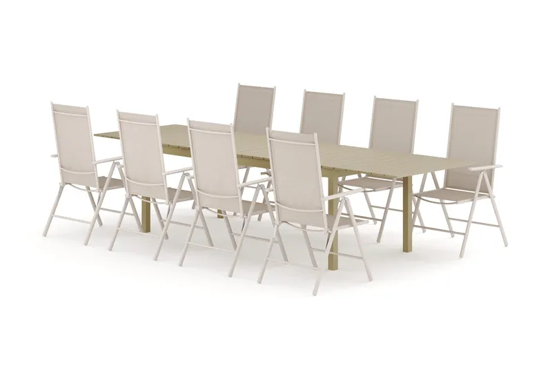 Tunis utendørs spisegruppe, uttrekkbar 205/305x90 cm med 8 Maggie regulerbare stoler - Beige/Beige - Hagemøbler - Hagegruppe - Spisegrupper hage