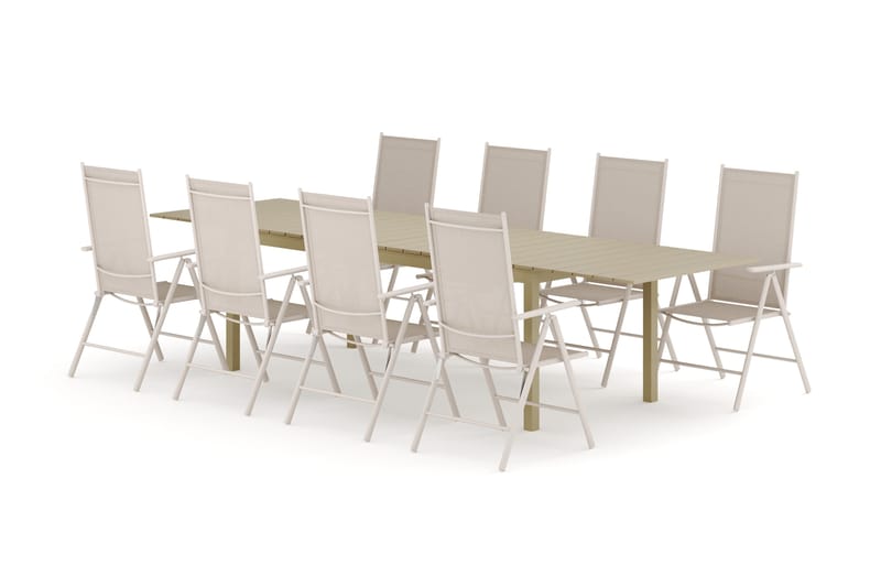 Tunis utendørs spisegruppe, uttrekkbar 205/305x90 cm med 8 Maggie regulerbare stoler, Beige/Beige