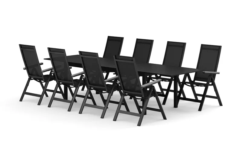 Tunis utendørs spisegruppe, uttrekkbar 205/305x90 cm med 8 Monaco Light posisjonsstoler, Svart/Svart