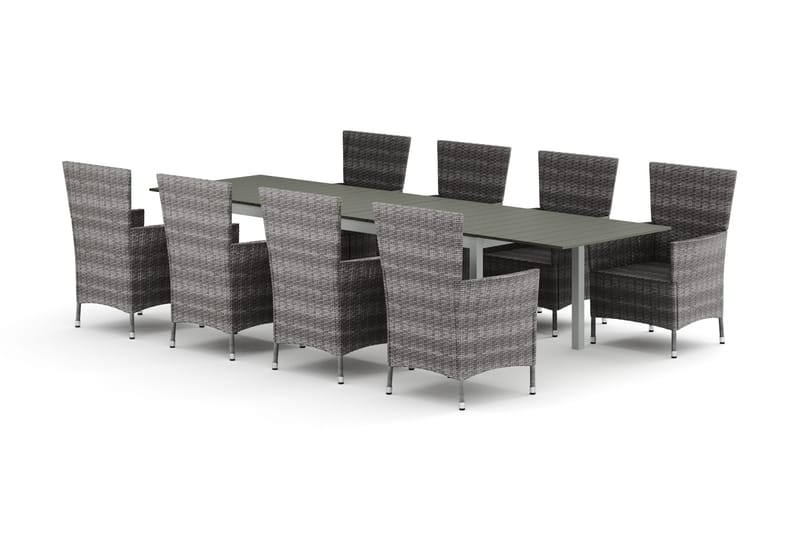 Tunis utendørs spisegruppe, uttrekkbar 205/305x90 cm med 8 Thor hagelenestoler, Hvit/Grå
