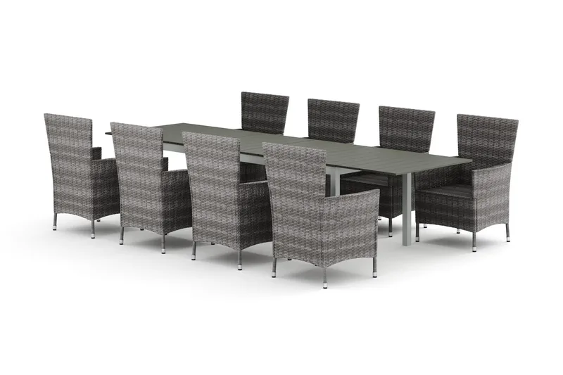 Tunis utendørs spisegruppe, uttrekkbar 205/305x90 cm med 8 Thor hagelenestoler, Hvit/Grå