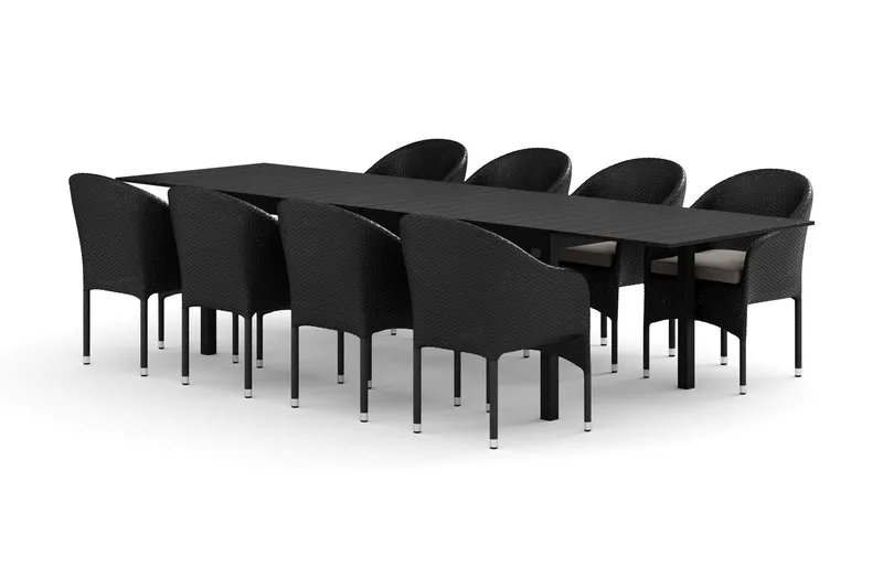 Tunis utendørs spisegruppe, uttrekkbar 205/305x90 cm med 8 Thor lenestoler, Svart/Svart