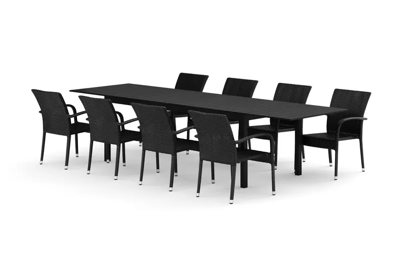 Tunis utendørs spisegruppe, uttrekkbar 205/305x90 cm med 8 Thor Light hagelenestoler, Svart/Svart