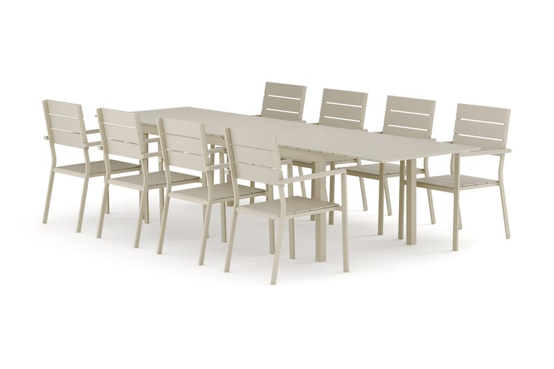 Tunis utendørs spisegruppe, uttrekkbar 205/305x90 cm med 8 Tunis stablebare stoler, Beige/Beige
