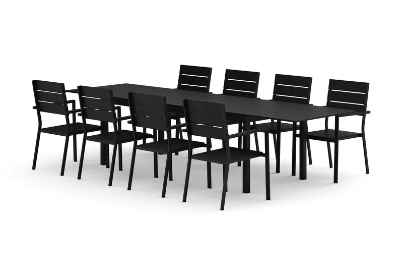 Tunis utendørs spisegruppe, uttrekkbar 205/305x90 cm med 8 Tunis stablebare stoler, Svart/svart