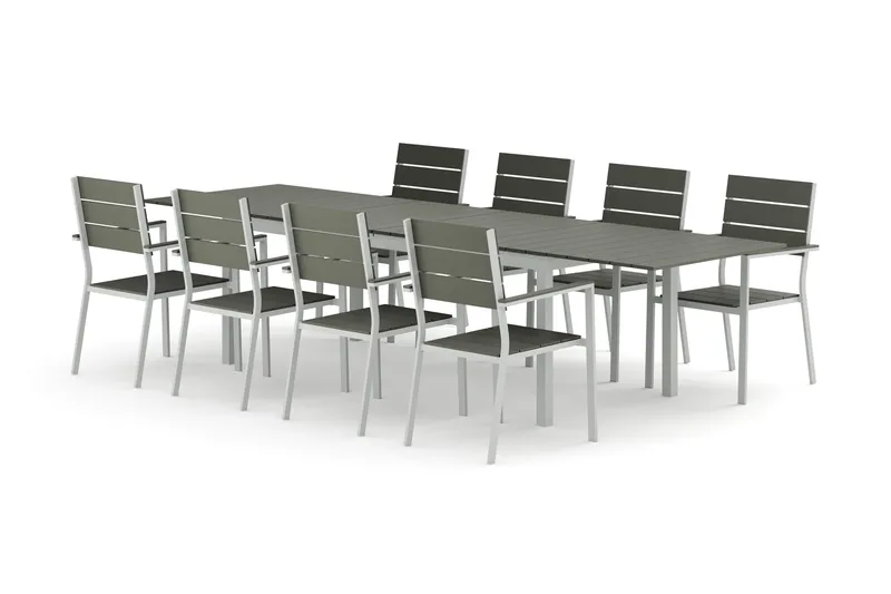 Tunis utendørs spisegruppe, uttrekkbar 205/305x90 cm med 8 Tunis stablestoler, Hvit/grå