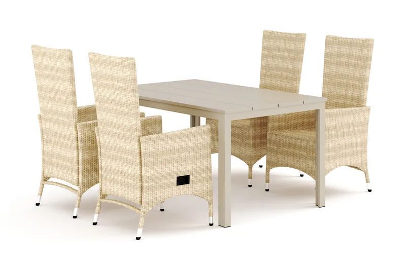 Tunis utendørs spisegruppe 140x90 cm med 4 Jenny spisestoler, Beige/Beige