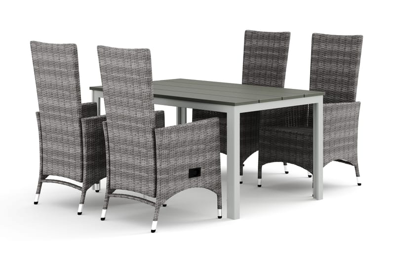 Tunis utendørs spisegruppe 140x90 cm med 4 Jenny spisestoler, Hvit/Grå