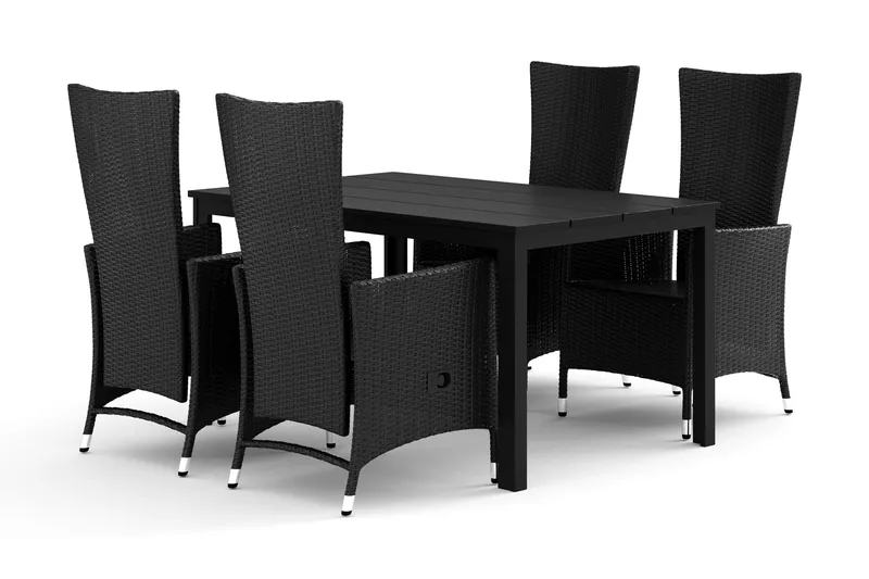Tunis utendørs spisegruppe 140x90 cm med 4 Jenny spisestoler, Svart/Svart