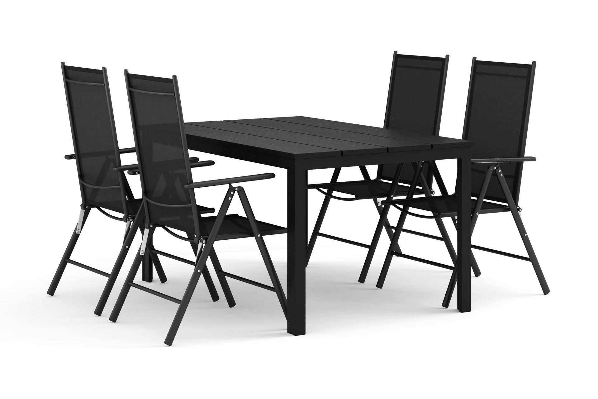 Tunis utendørs spisegruppe 140x90 cm med 4 Maggie posisjonsstoler - Svart/Svart