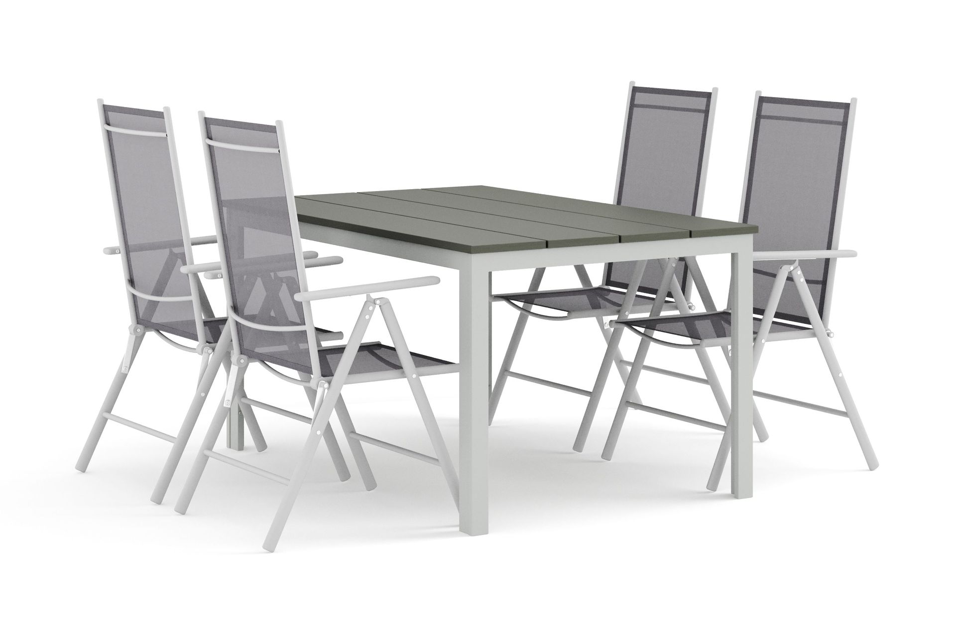 Tunis utendørs spisegruppe 140x90 cm med 4 Maggie posisjonsstoler - Hvit/Grå