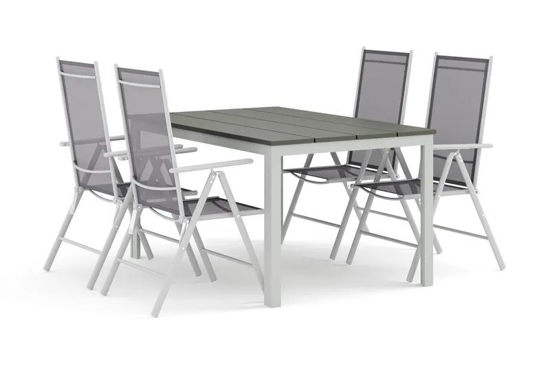 Tunis utendørs spisegruppe 140x90 cm med 4 Maggie posisjonsstoler, Hvit/Grå