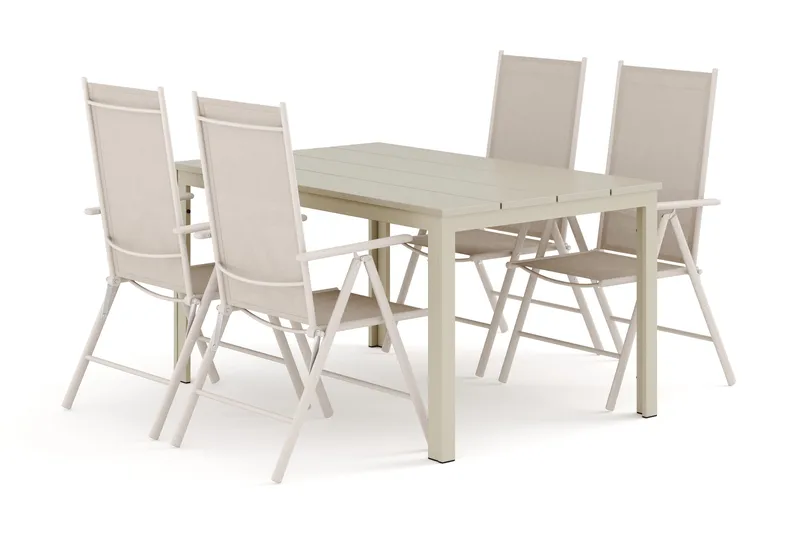 Tunis utendørs spisegruppe 140x90 cm med 4 Maggie posisjonsstoler, Beige/beige