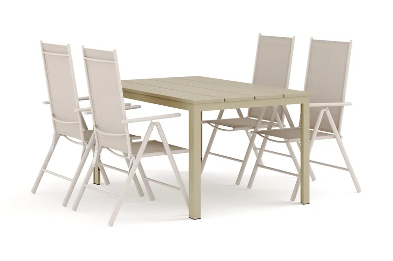 Tunis utendørs spisegruppe 140x90 cm med 4 Maggie posisjonsstoler, Beige/beige