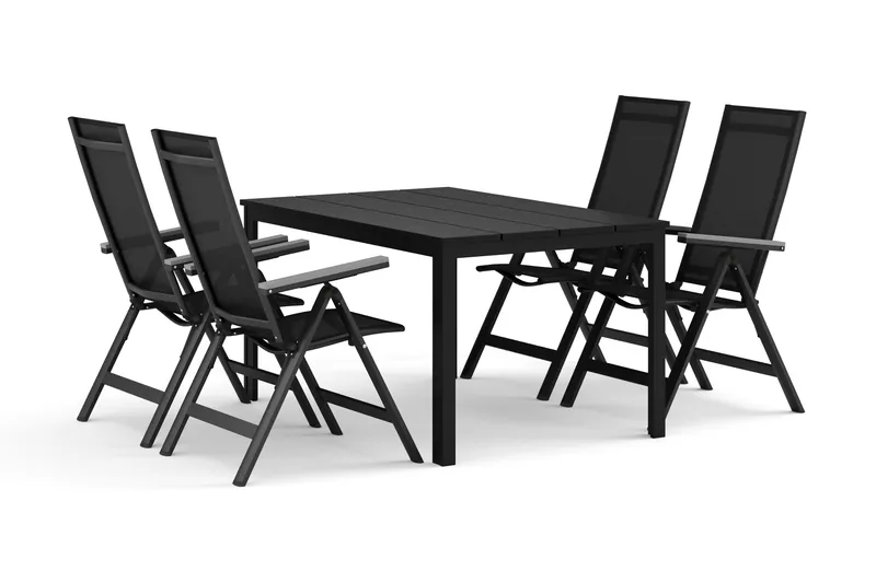 Tunis utendørs spisegruppe 140x90 cm med 4 Monaco Light regulerbare stoler - Svart/svart - Hagemøbler - Hagegruppe - Spisegrupper hage