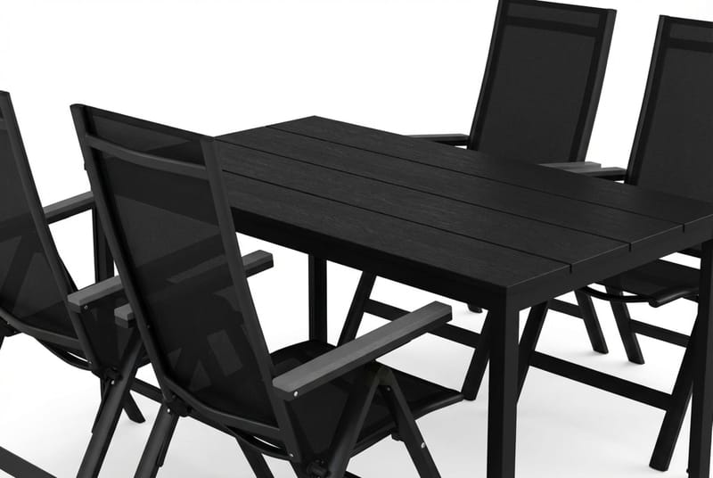 Tunis utendørs spisegruppe 140x90 cm med 4 Monaco Light regulerbare stoler - Svart/svart - Hagemøbler - Hagegruppe - Spisegrupper hage
