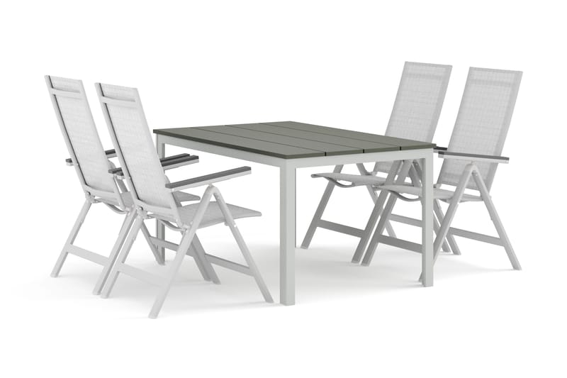 Tunis utendørs spisegruppe 140x90 cm med 4 Monaco Light posisjonsstoler, Hvit/Grå
