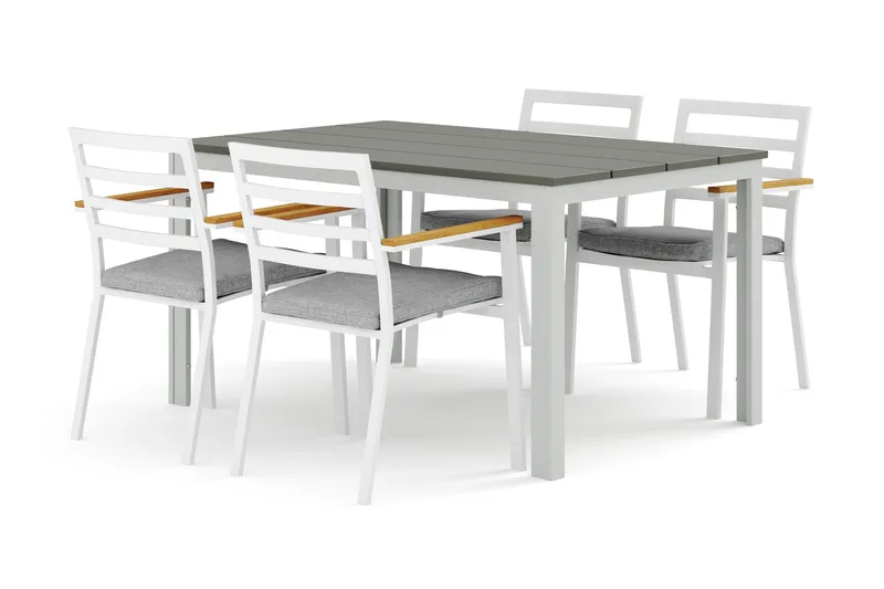 Tunis utendørs spisegruppe 140x90 cm med 4 Oliver karmstoler med pute, Hvit/grå