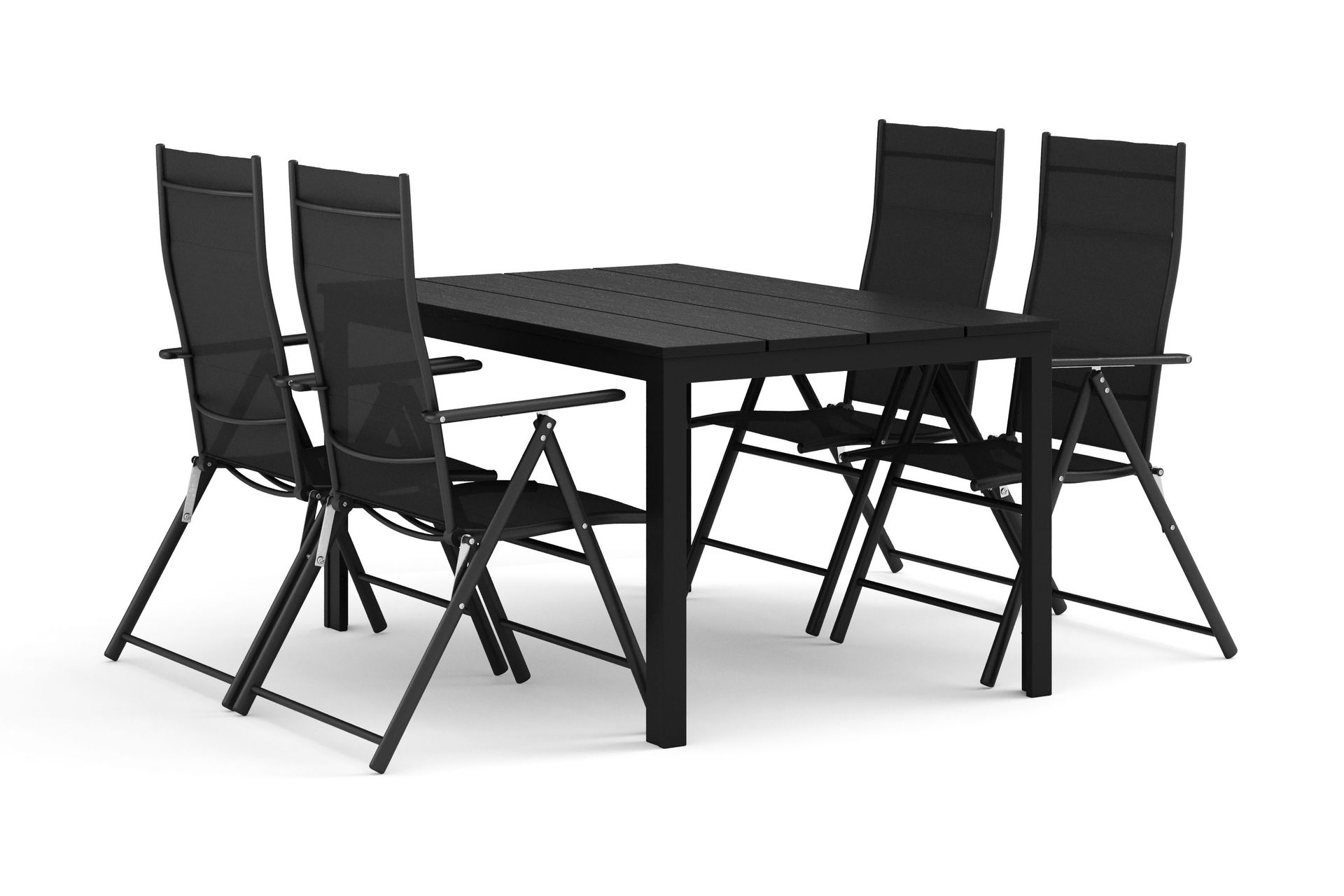 Tunis utendørs spisegruppe 140x90 cm med 4 regulerbare stoler - Svart/Svart