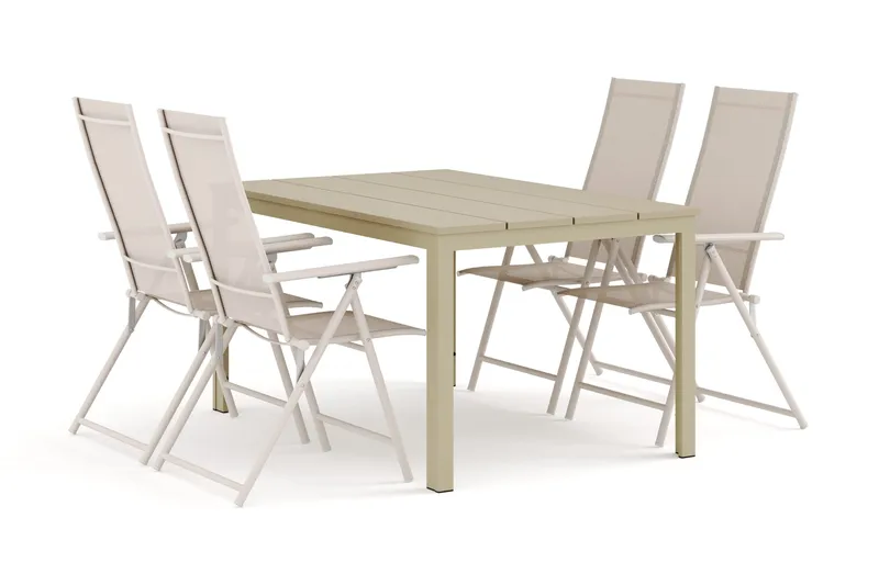 Tunis utendørs spisegruppe 140x90 cm med 4 Sanna regulerbare stoler, Beige/Beige