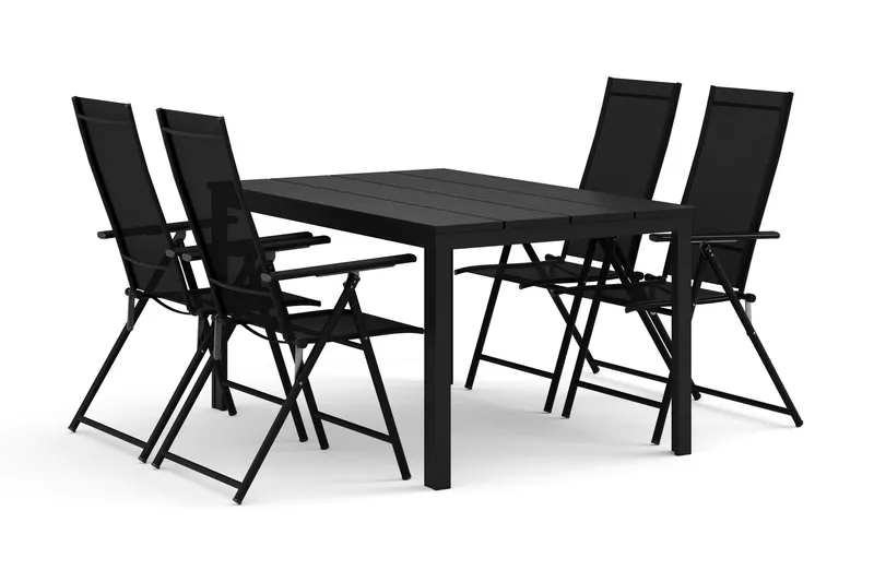 Tunis utendørs spisegruppe 140x90 cm med 4 Sanna posisjonsstoler, Svart/Svart