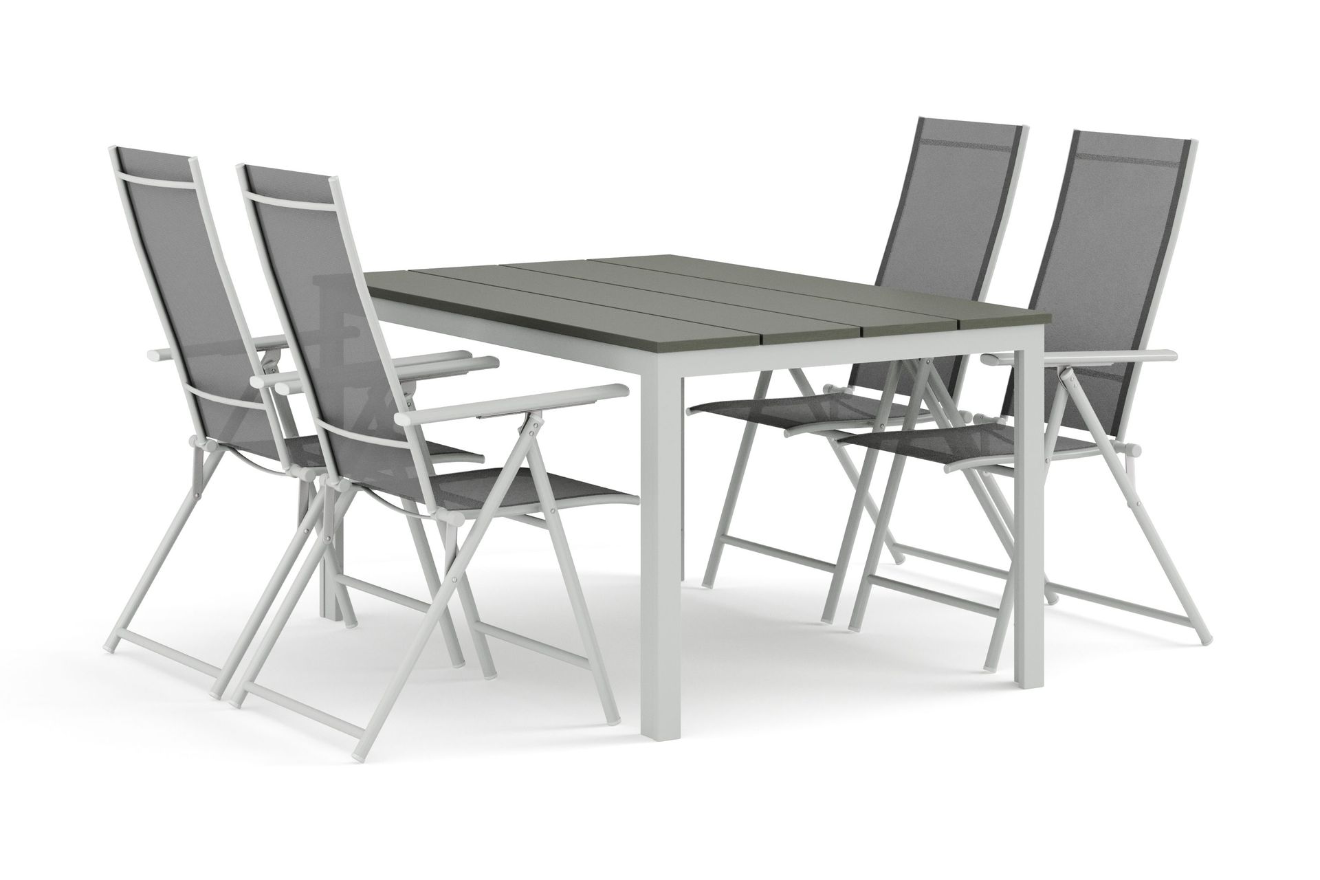 Tunis utendørs spisegruppe 140x90 cm med 4 Sanna posisjonsstoler - Hvit/Grå