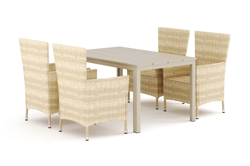 Tunis utendørs spisegruppe 140x90 cm med 4 Thor hagelenestoler, Beige/Beige