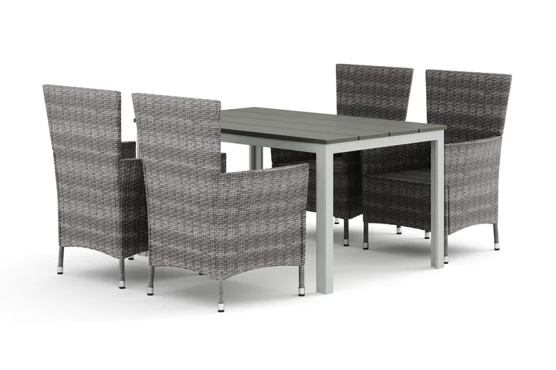 Tunis utendørs spisegruppe 140x90 cm med 4 Thor hagelenestoler, Hvit/Grå