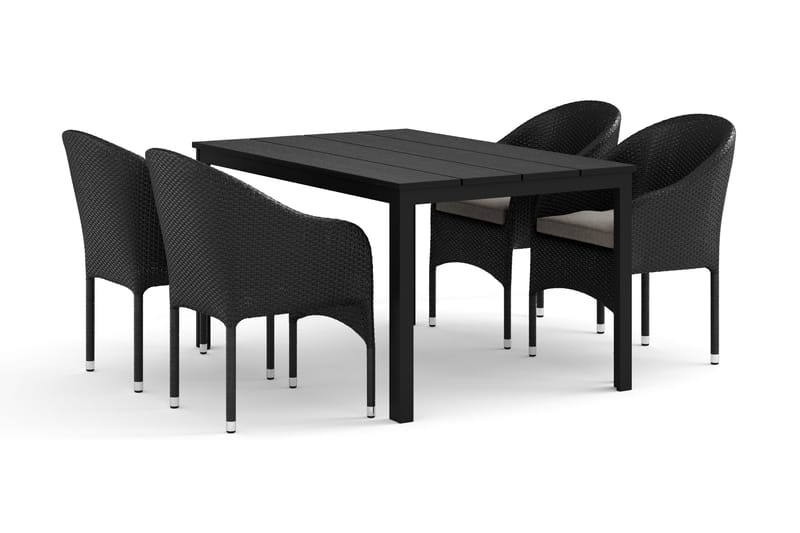 Tunis utendørs spisegruppe 140x90 cm med 4 Thor lenestoler, Svart/svart