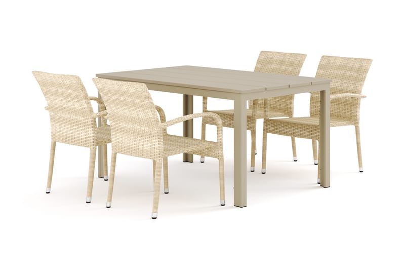 Tunis utendørs spisegruppe 140x90 cm med 4 Thor Light uterlenestoler, Beige/Beige