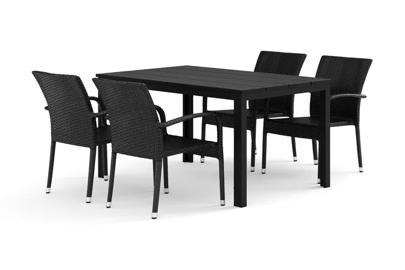 Tunis utendørs spisegruppe 140x90 cm med 4 Thor Light uterlenestoler, Svart/Svart