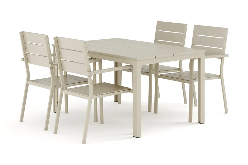 Tunis utendørs spisegruppe 140x90 cm med 4 Tunis stablebare stoler, Beige/beige