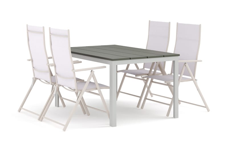 Tunis utendørs spisegruppe 140x90 cm med 4 posisjonsstoler, Hvit/Grå