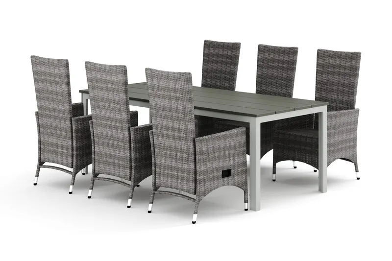 Tunis utendørs spisegruppe 205x90 cm med 6 Jenny spisestoler - Hvit/Grå - Hagemøbler - Hagegruppe - Spisegrupper hage