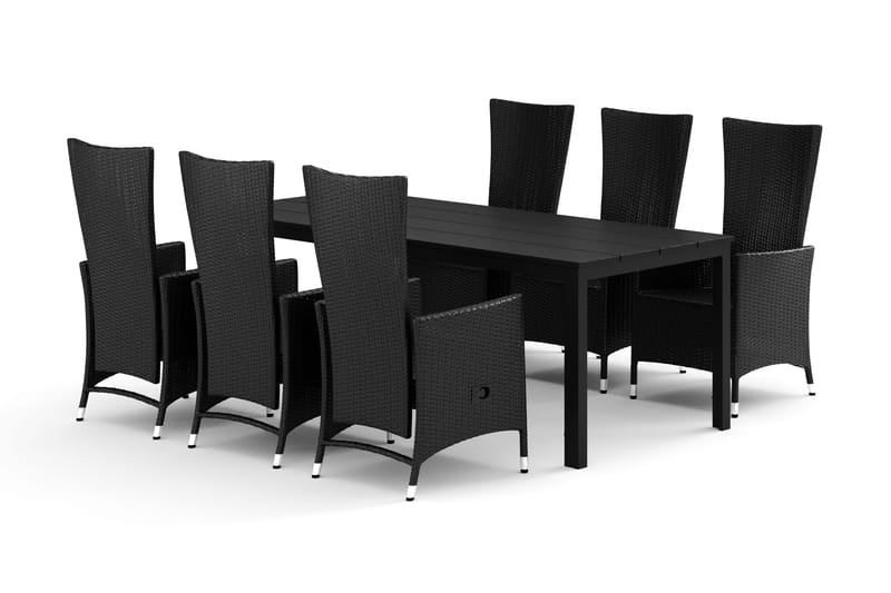 Tunis utendørs spisegruppe 205x90 cm med 6 Jenny spisestoler, Svart/svart