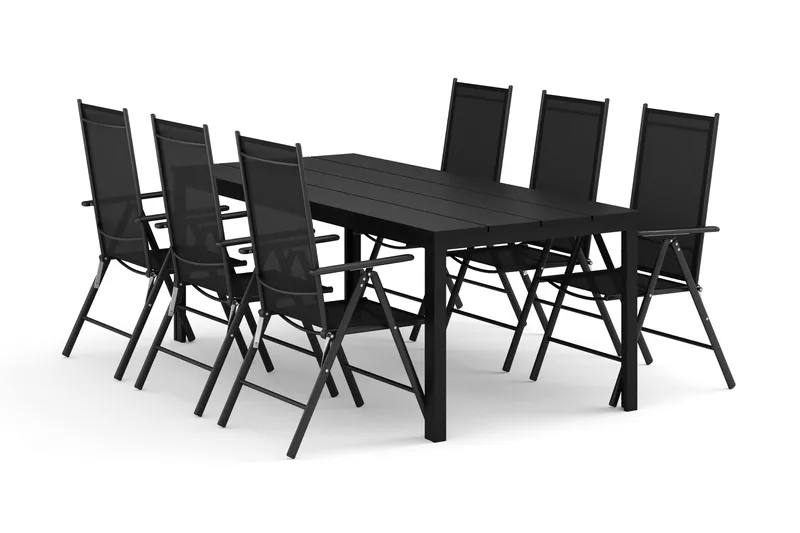 Tunis utendørs spisegruppe 205x90 cm med 6 Maggie regulerbare stoler - Svart/svart - Hagemøbler - Hagegruppe - Spisegrupper hage
