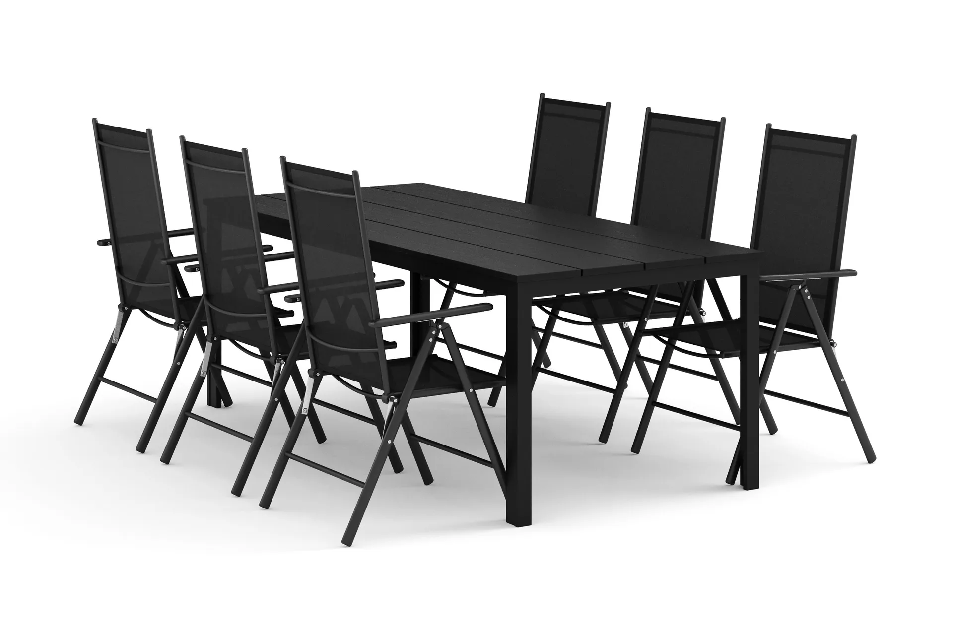 Tunis utendørs spisegruppe 205x90 cm med 6 Maggie regulerbare stoler - Svart/svart