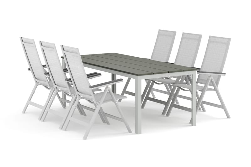 Tunis utendørs spisegruppe 205x90 cm med 6 Monaco Light regulerbare stoler, Hvit/Grå