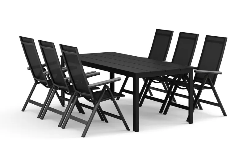 Tunis utendørs spisegruppe 205x90 cm med 6 Monaco Light regulerbare stoler - Svart/Svart - Hagemøbler - Hagegruppe - Spisegrupper hage