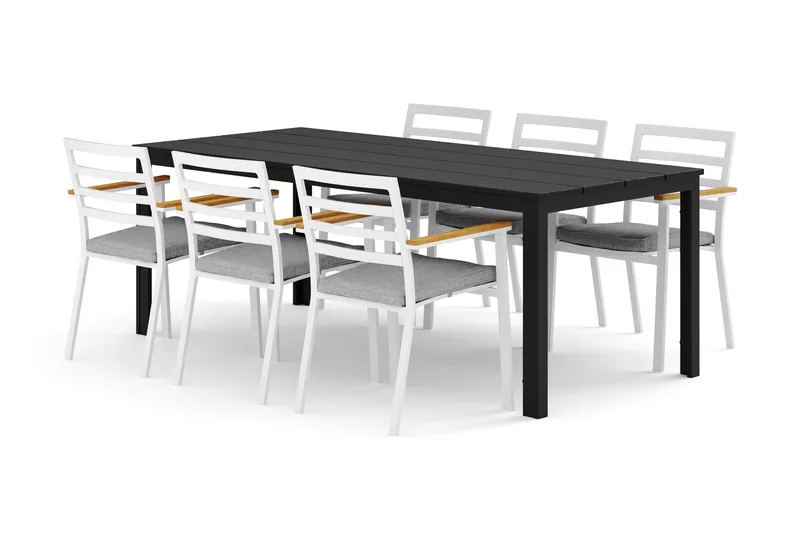 Tunis utendørs spisegruppe 205x90 cm med 6 Oliver karmstoler med pute, Svart/Svart