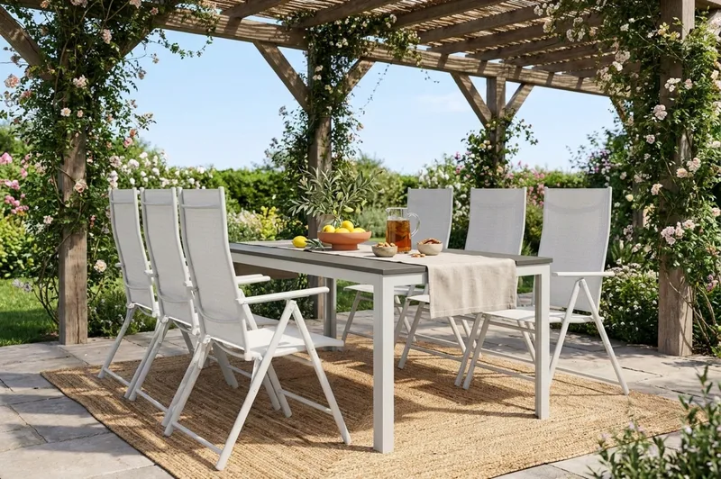 Tunis utendørs spisegruppe 205x90 cm med 6 regulerbare stoler - Hvit/Grå - Hagemøbler - Hagegruppe - Spisegrupper hage