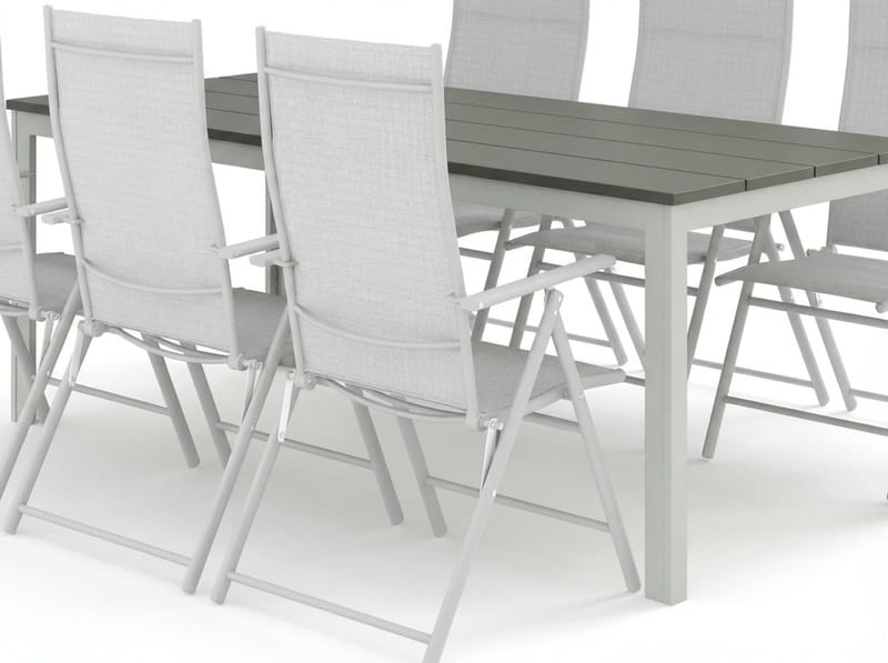 Tunis utendørs spisegruppe 205x90 cm med 6 regulerbare stoler - Hvit/Grå - Hagemøbler - Hagegruppe - Spisegrupper hage